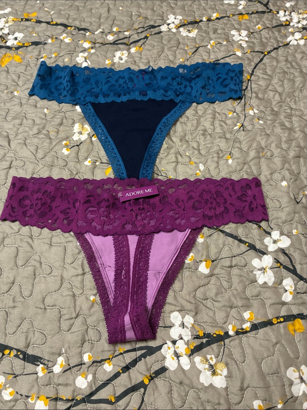 Adore Me Teal & Plum Lace-Trim Thong Duo
